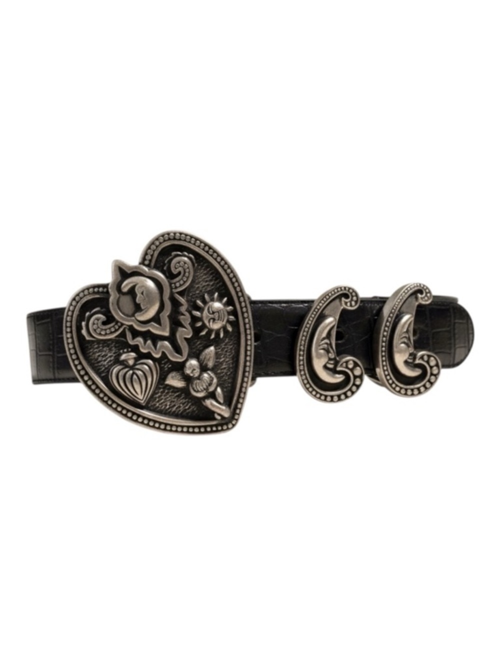 Vintage: Vincenza ☾ ©1997 Celestial Etched Metal Buckle Belt ☾ Black Leather - Picture 2 of 16